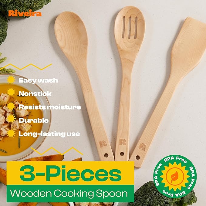 Riveira Maple Wooden Spoons for Cooking Set of 3 – Natural Maple Wooden Cooking Utensils, Wooden Spatula, Wooden Spoon - Premium Quality Utensil Set for Non-Toxic Cooking - Image 3
