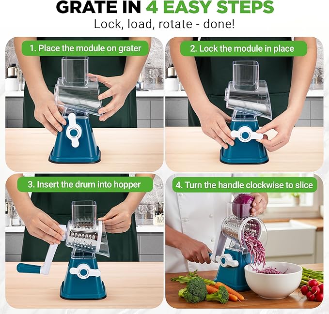 NutriChef 3 in 1 Cheese Grater & Shredder | Strong Suction Base, Rotary Handle with Safety Lock | Includes Hand Crank & 3 Drum Blades for 3 Textures, Fine, Medium & Strips | Blue - Image 2