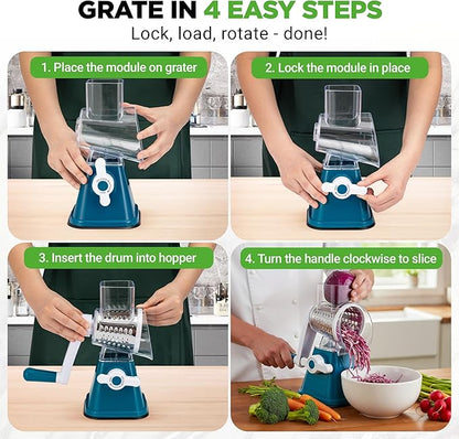 NutriChef 3 in 1 Cheese Grater & Shredder | Strong Suction Base, Rotary Handle with Safety Lock | Includes Hand Crank & 3 Drum Blades for 3 Textures, Fine, Medium & Strips | Blue - Image 2