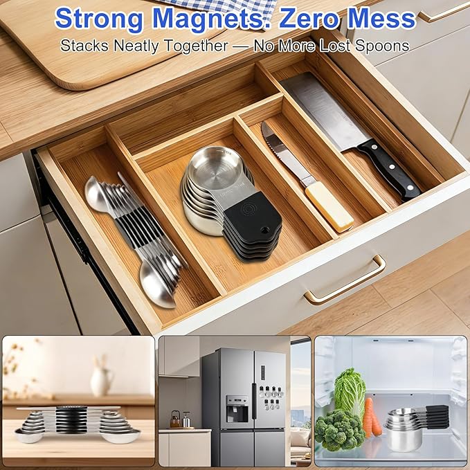 Magnetic Measuring Cups & Spoons Set, Strong N45 Magnets, Heavy Duty Stainless Steel Fits in Spice Jars for Baking & Cooking, BPA Free, Round Set of 15 with Leveler,Dark Black - Image 5