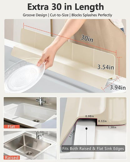 Kitchen Sink Splash Guard 30" 18" 23" Self-Draining Silicone Water Guard with High Splash Wall & Strong Suction Cups for Faucet, Countertop & Sink Edge, Keeps Sinks Dry, Dishwasher Safe,Cream