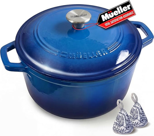 Mueller 6qt Enameled Cast Iron Dutch Oven, Heavy-Duty Casserole and Braiser Pan with Lid and Knob, Oven-Safe up to 500° F & Across All Cooktops, Aqua Blue by MUELLERHOME