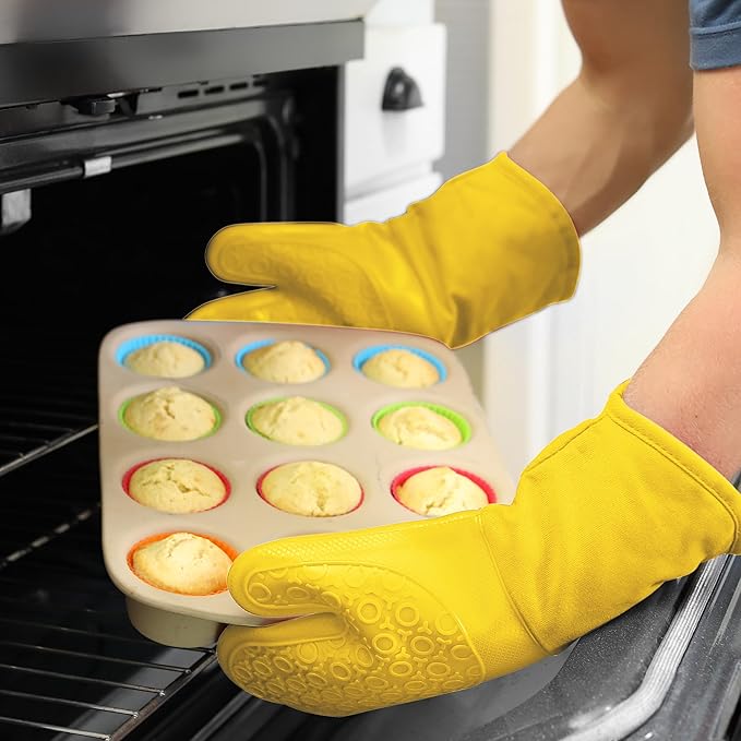 BPA-Free Soft Silicone Oven Mitts - Ultra Heat Resistant Oven Mitts with Thick Cotton Liner - Long Slip Resistant Pot Holders, Flexible Oven Gloves - Yellow 13.7" - Image 8