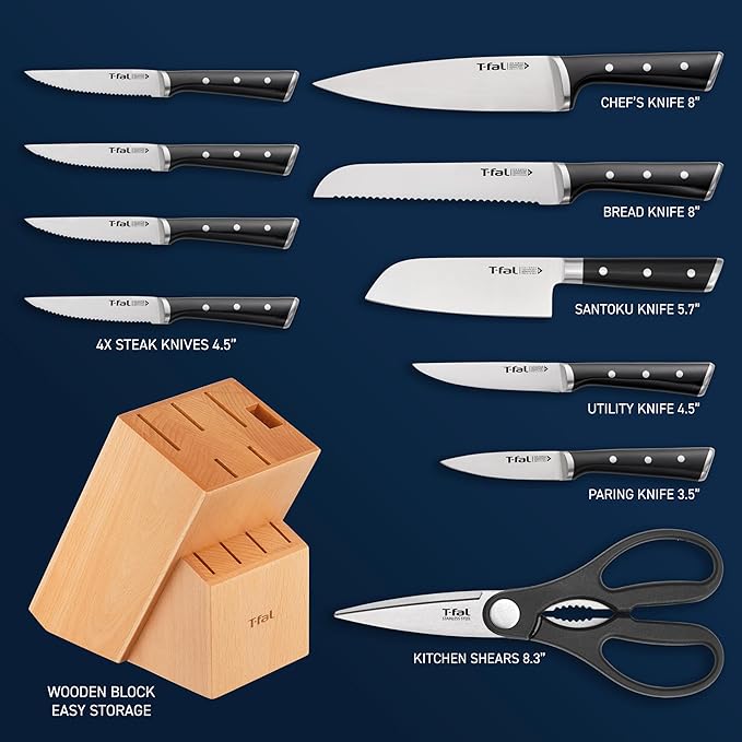 T-fal 28 Piece Set Ultimate Hard Anodized Nonstick Cookware Set With Ice Force Stainless Steel Kitchen Knife Set and Wood Block - Image 3