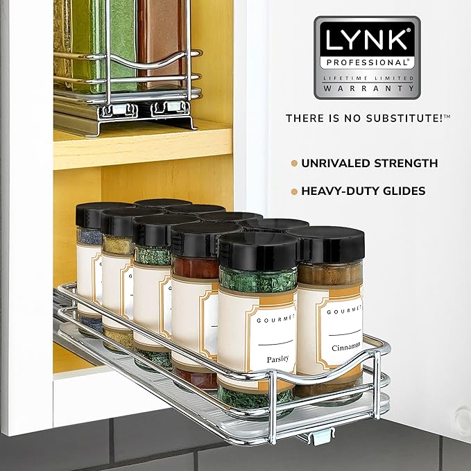 LYNK PROFESSIONAL® Pull Out Spice Organization for Cabinets - 4-3/8 inch Wide – Spice Rack for Inside Cabinets, Slide Out Spice Rack Organizer for cabinet – Pull Out Spice Rack, Sliding 1 Tier Chrome - Image 8