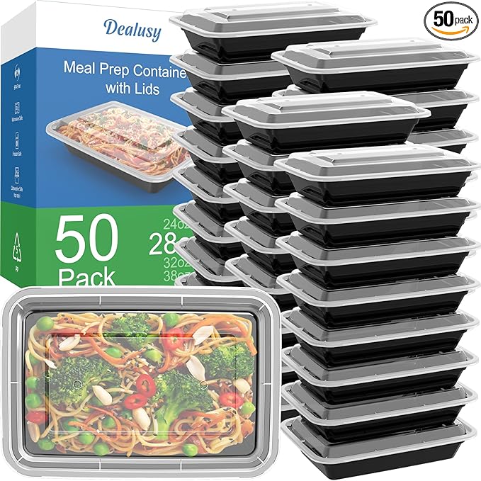 Dealusy 50 Pack (100-Piece) 28 oz Meal Prep Containers Reusable with Lids, Sturdy Leakproof & Food Safe, Microwave, Freezer, Dishwasher Safe Prep Containers, To Go Take Out Plastic Food Storage by Dealusy