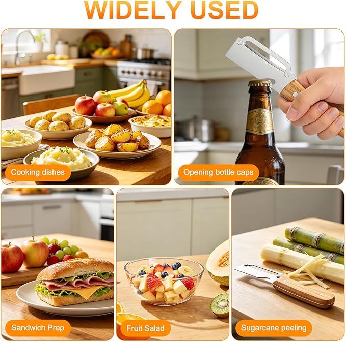 Multi-Functional Vegetable Peeler for Kitchen, with Wooden Handle and Bottle Opener, 2-in-1 Stainless Steel Blade Kitchen Tool for Fruit Apple Potato Pumpkin Papaya(2pcs) - Image 8