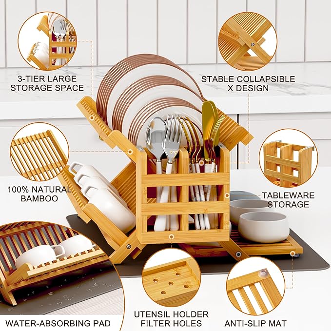 Greenual Bamboo Dish Drying Rack with Utensil Holder, 3 Tier Collapsible Dish Rack, Wooden Dish Racks for Kitchen Counter, Large Folding Drying Holder with Absorbent Dish Drying Mat - Image 5