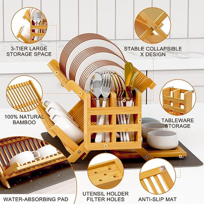 Greenual Bamboo Dish Drying Rack with Utensil Holder, 3 Tier Collapsible Dish Rack, Wooden Dish Racks for Kitchen Counter, Large Folding Drying Holder with Absorbent Dish Drying Mat - Image 5