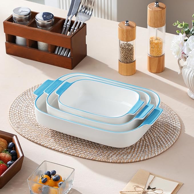 MALACASA Casserole Dishes for Oven, Ceramic Baking Dishes Set of 3, Rectangular Lasagna Pan Deep Baking Pans, Bakeware Sets with Handles Gift Set, White with Blue Trim(13.8''/11.7''/9.4''), Series BAKE - Image 7