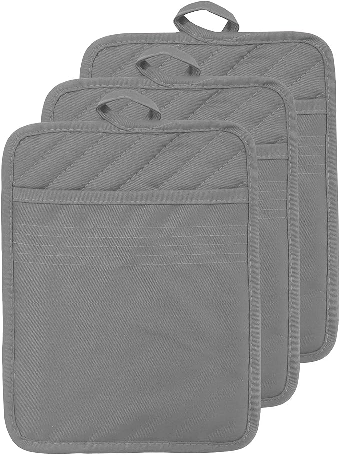 Oven Pot Holder with Pocket Cotton Heat Resistant Coaster Potholder Kitchen Hot Pad Oven Mitts for Cooking Square 7"x9" Set of 3 (Grey) by VEIKERY