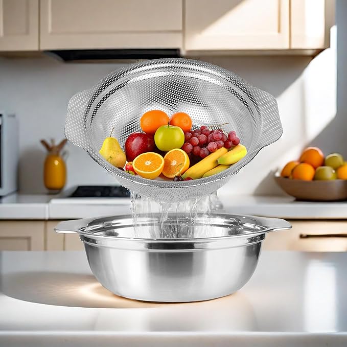 Extra Large 5.5QT Stainless Steel Colander, Large Capacity Rice Colander with Mixing Bowl, Rice Strainer for Vegetables, Fruit, Spaghetti, Pasta Strainer, Dishwasher Safe(2PC) - Image 4