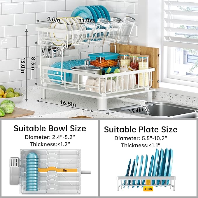 Dish Drying Rack, 2 Tier Dish Racks for Kitchen Counter, Compact Dish Drainer Rack, Detachable Dish Rack with Drainboard, Utensil Holder, Cup Holder for Small Space - White - Image 2