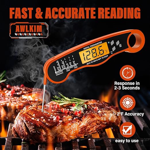 AWLKIM Digital Meat Thermometer with Doneness Chart, 2-Sec Instant Read Food Thermometer for Cooking, Grilling, Oven, Air Fryer - Waterproof Backlit Magnetic Flip Probe, Gift for Men, Dad - Orange - Image 2