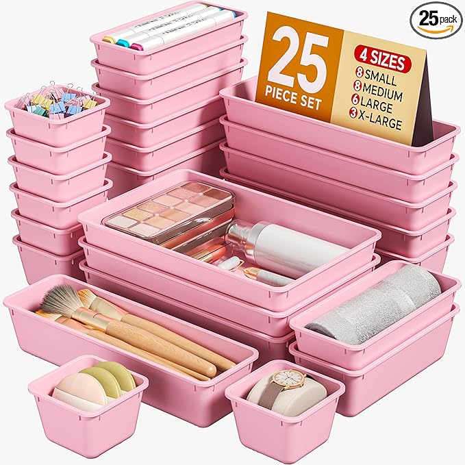 KEMETHY 25 PCS Plastic Drawer Organizers Set, 4 Sizes Vanity Organizer, Makeup and Desk Drawer Organizer Trays, Organization and Storage for Makeup, Bathroom, Kitchen Utensils and Office (Pink) by KEMETHYFocusesonCreatingEfficientStorageProductswithQualityMaterials