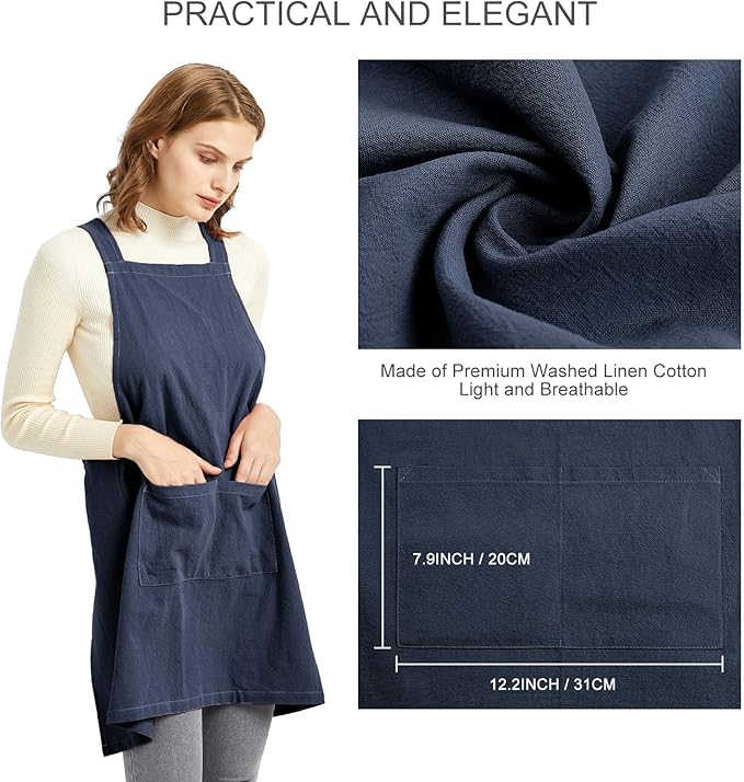 ELEZAY Aprons for Women with Pockets Plus Size Comfort Cross Back No Tie Cotton Linen Apron Pinafore