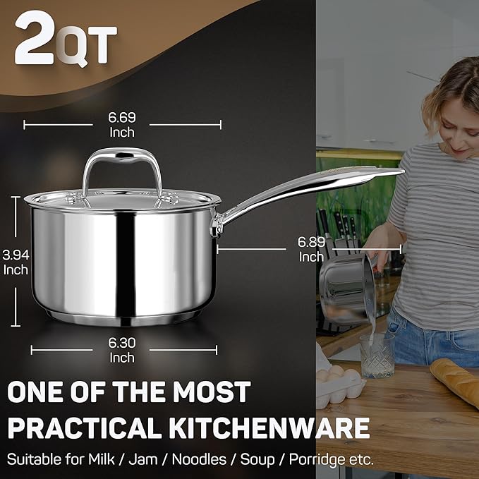 Ciwete 2 Quart Sauce Pan with Lid, Tri Ply Stainless Steel Saucepan 2 Qt with Stainless Steel Lid, 2 Measuring Lines, Upgraded Packaging, Cool Ergonomic Handle, Dishwasher & Oven Safe - Image 3