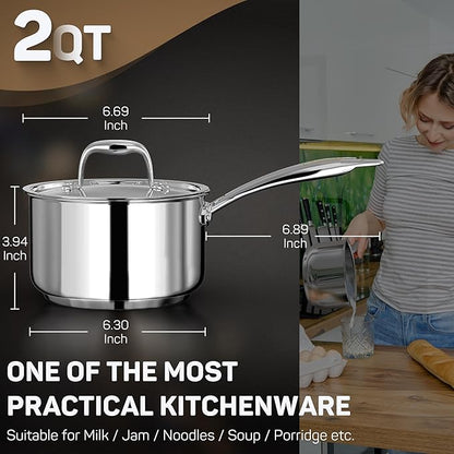 Ciwete 2 Quart Sauce Pan with Lid, Tri Ply Stainless Steel Saucepan 2 Qt with Stainless Steel Lid, 2 Measuring Lines, Upgraded Packaging, Cool Ergonomic Handle, Dishwasher & Oven Safe - Image 3
