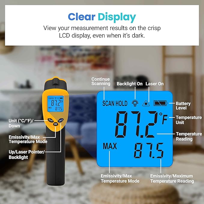 Etekcity Infrared Thermometer Laser Temperature Gun 774, Meat Food Candy Oven Thermometer for Griddle Accessories, Heat Gun for Cooking Refrigerator Tools, Adjustable Emissivity & Max Measure, Yellow - Image 6