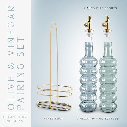 COOK WITH COLOR Glass Olive Oil Bottle Dispenser - 2 Pack- 17oz Oil and Vinegar Cruet - Olive Oil Carafe Decanter for Kitchen, Elegant Waves, Blue - Image 3