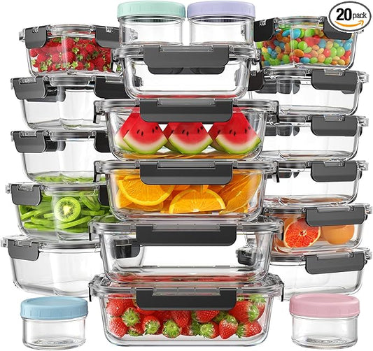 KEMETHY 40 PCS Glass Food Storage Containers with Lids(20 Container & 20 Lid), Borosilicate Glass Meal Prep Containers for Kitchen Storage and Organization, BPA-Free, Leak Proof, Reusable