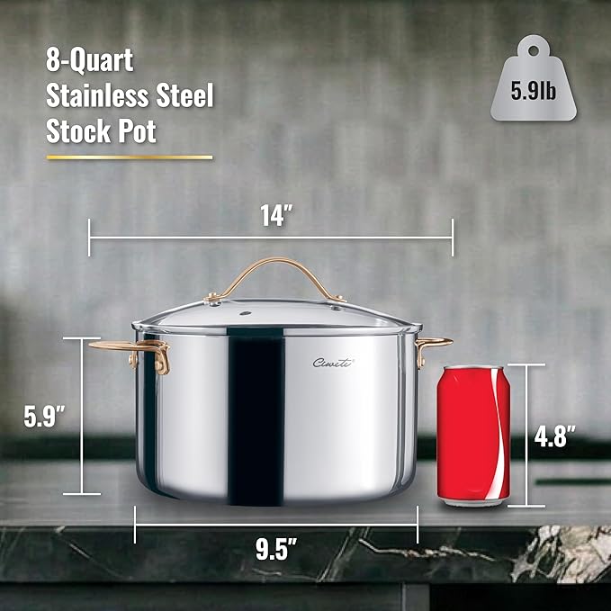 Ciwete 8 Quart Stock Pot, 3 Ply Whole Clad Stainless Steel Stock Pot, 8 QT Cooking Pot with Lid, Induction Pot for Cooking, 18/10 Stainless Steel Cookware Stockpots Oven, Gas and Dishwasher Safe - Image 9