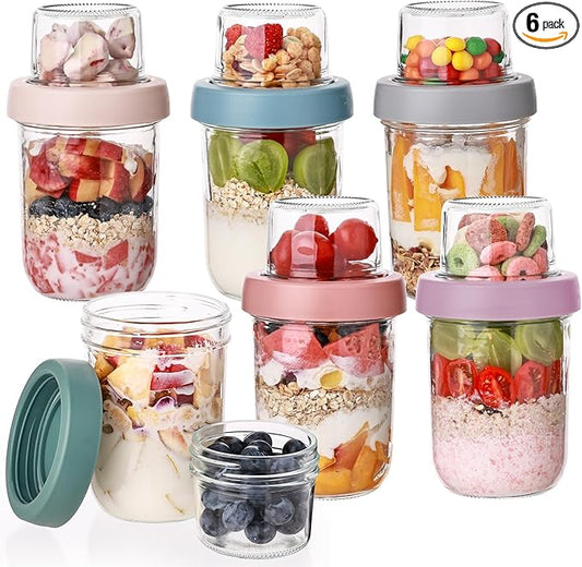 Wells 6 Pack Overnight Oats Containers with Lids, 16 OZ Dual Layer Yogurt Containers with Dry and Wet Separation, Airtight Leak Proof Oatmeal Jar for Chia Pudding, Breakfast, Cereal by Wells