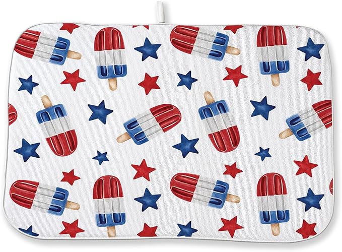4th of July Dish Drying Mat 18x24 Inch Blue Red Ice Cream Stars Patriotic Drying Mat Independence Day Memorial Day Absorbent Dish Drying Pad Dish Rack Drainer Mats for Kitchen Dining Counter