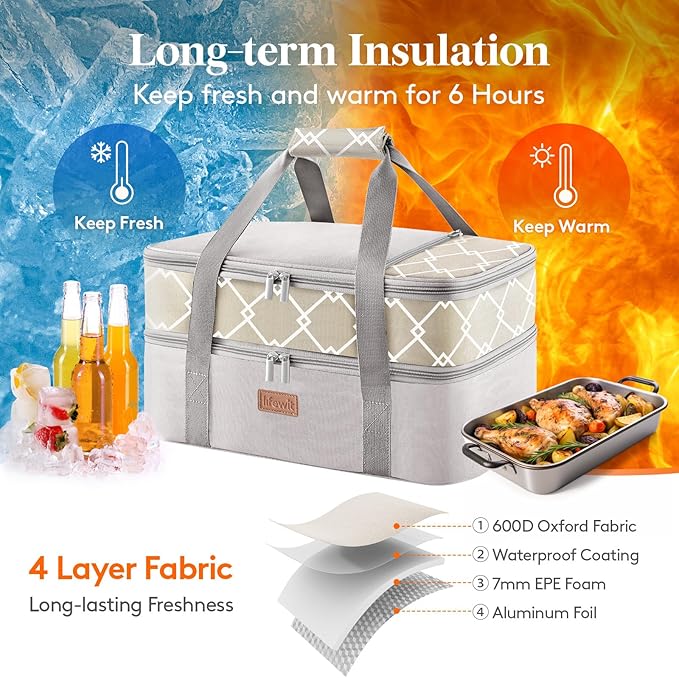 Lifewit Insulated Double Decker Casserole Carrier, Lasagna Lugger Holder for Hot or Cold Food, Fits 9" x 13" Baking Dish, Thermal Lunch Tote Bag for Potluck Parties, Picnic and Cookouts, Grey