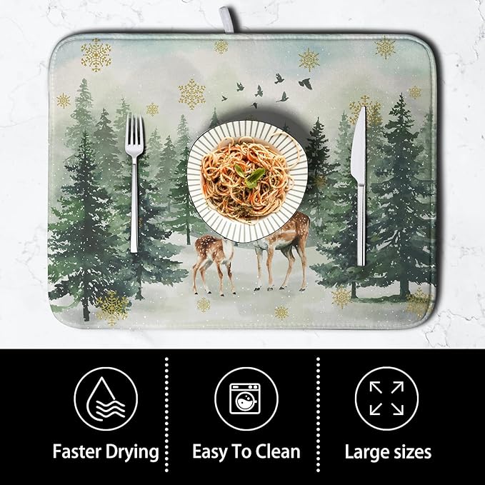 Reindeer Tree Snowflakes Christmas Dish Drying Mats for Kitchen Counter 18x24 Inch Winter Forest Dish Drainer Mats Absorbent Reversible Dish Draining Microfiber Dishes Drying Pad - Image 4