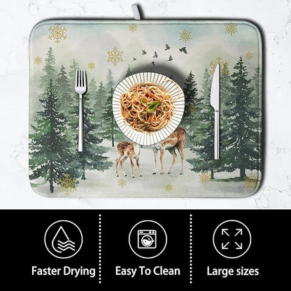 Reindeer Tree Snowflakes Christmas Dish Drying Mats for Kitchen Counter 18x24 Inch Winter Forest Dish Drainer Mats Absorbent Reversible Dish Draining Microfiber Dishes Drying Pad - Image 4