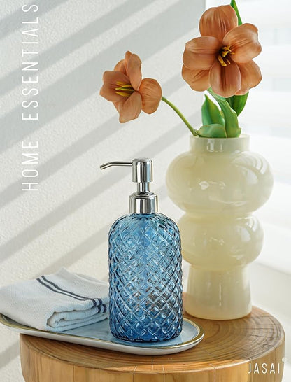 JASAI 18Oz Gem Patterned Glass Soap Dispenser for Kitchen and Bathroom, Refillable with Rust Proof Stainless Steel Pump (Blue) - Image 6