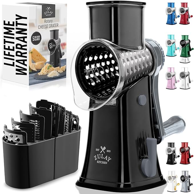 Zulay Kitchen Rotary Cheese Grater 5 Blade Cheese Shredder - Manual Hand Crank Cheese Grater With Reinforced Suction & 5 Interchangeable Drums - Easy to Use, Vegetable Chopper Round Mandoline Slicer by ZulayKitchen