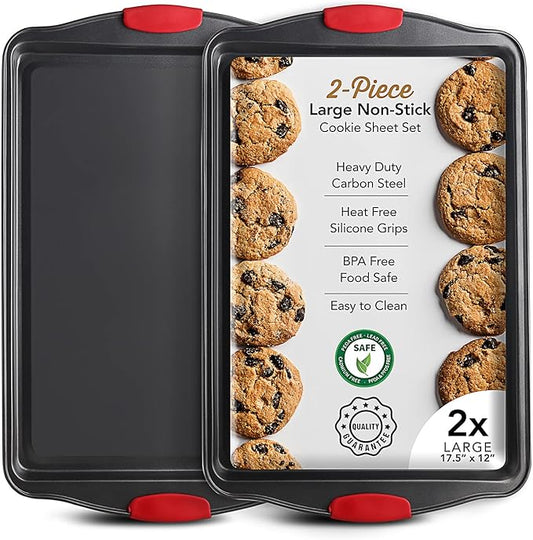 Baking Sheet Set, 2-Piece Large Cookie Sheet Set with Silicone Handles, Steel Baking Pan, Baking Sheets for Oven, BPA Free Nonstick Set, Half Sheet Pans, Black Baking Tray by Eatex