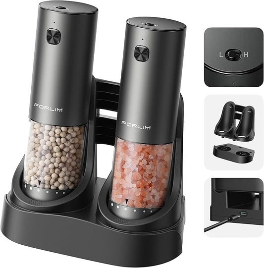 FORLIM 2-Speed ​​Electric Salt And Pepper Grinder Set, External Rotation To Adjust Coarseness, Electric Salt and Pepper Shaker With Charing Base, One-Button Automatic Grinding, Washable Container by FORLIM