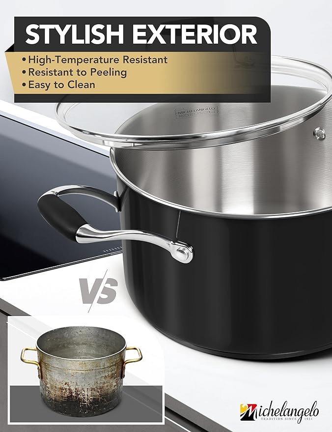 MICHELANGELO Stainless Steel Cooking Pot - 6 Quart Soup Pot with Lid, Non-Toxic Stockpot Induction Compatible, Oven & Dishwasher Safe, Black Exterior - Image 3