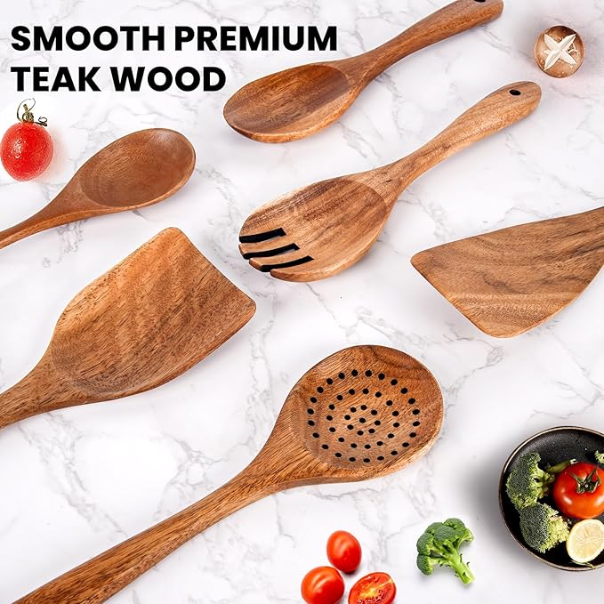 6x Large Wooden Spoons for Cooking Kitchen Utensil Set Smooth Finish Wooden Cooking Utensils Spoons Filter Spoon and Salad Fork Accessories+1x Kitchen Hooks for Hanging Utensils Rack