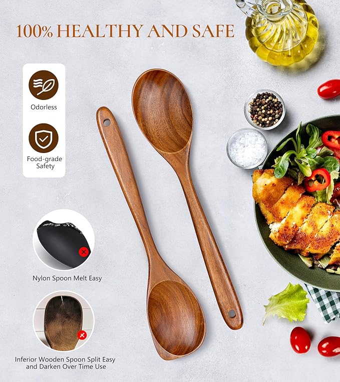 2Pcs Wooden Spoons for Cooking, Natural Premium Teak Wood Spoon & Corner Spoon, Good Grip Large Cooking Spoons Spatula, Heat Resistant Wooden Kitchen Cooking Utensils Set for Nonstick Cookware - Image 5