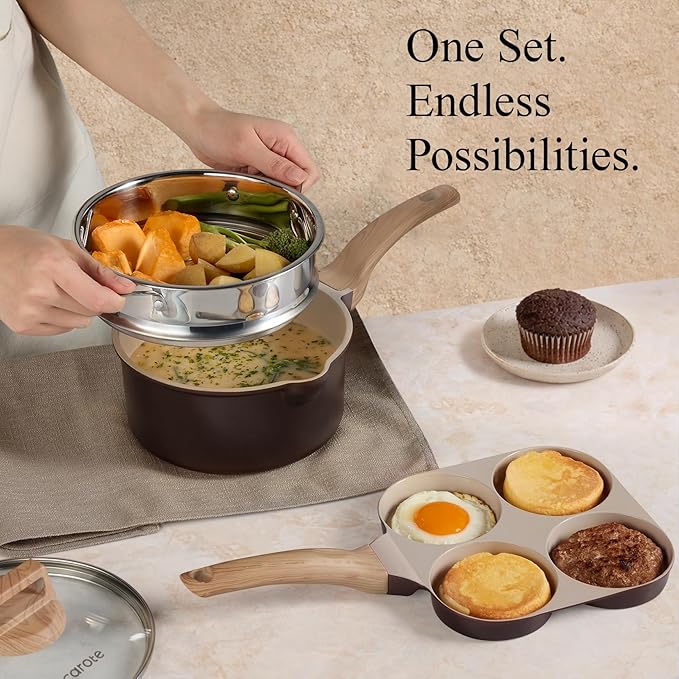 CAROTE 21 PCS Ceramic Cookware Set, Pots and Pans Set Non Stick, Pot and Pan Set with Frying Pan, Induction Ready Cooking Set for Kitchen, PFOS/PFOA/PFAS Free, Brown - Image 6