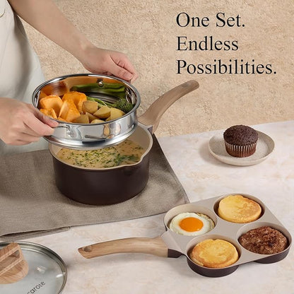 CAROTE 21 PCS Ceramic Cookware Set, Pots and Pans Set Non Stick, Pot and Pan Set with Frying Pan, Induction Ready Cooking Set for Kitchen, PFOS/PFOA/PFAS Free, Brown - Image 6