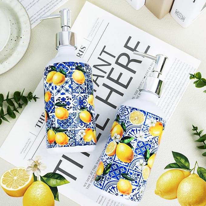 2 Pcs Blue Tiles Lemon Soap Dispenser Blue Tile Yellow Capri Lemon Glass Dispenser Hand Soap Pump Inspired Refillable Liquid Soap and Lotion Bottle Storage for Home Kitchen Bathroom Decor