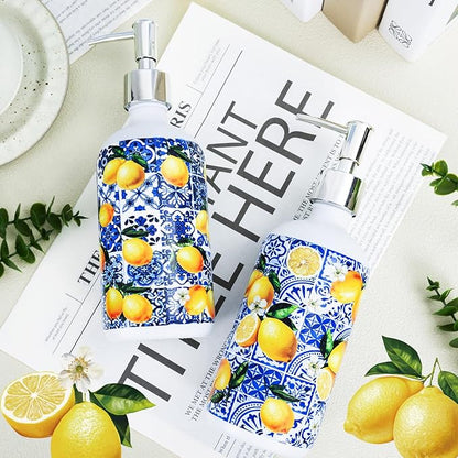 2 Pcs Blue Tiles Lemon Soap Dispenser Blue Tile Yellow Capri Lemon Glass Dispenser Hand Soap Pump Inspired Refillable Liquid Soap and Lotion Bottle Storage for Home Kitchen Bathroom Decor