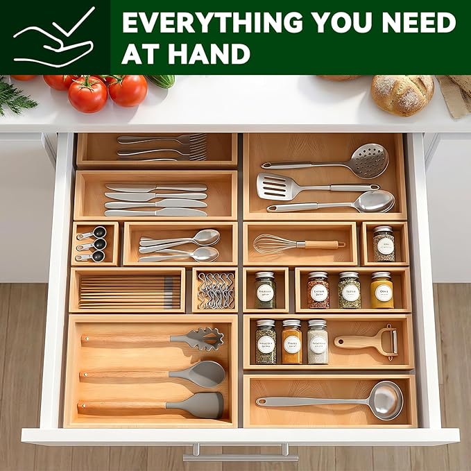 Bamboo Drawer Organizer 14 Pcs for Kitchen Multi-purpose Storage Dividers for Kitchen, Office, Jewelry, Cosmetics, Wooden Drawer Dividers for Drawer Organizer Desk Organizer Gift for Women Gifts Idea - Image 6