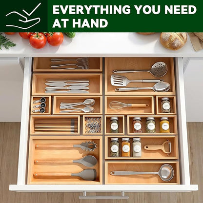 Bamboo Drawer Organizer 14 Pcs for Kitchen Multi-purpose Storage Dividers for Kitchen, Office, Jewelry, Cosmetics, Wooden Drawer Dividers for Drawer Organizer Desk Organizer Gift for Women Gifts Idea - Image 6