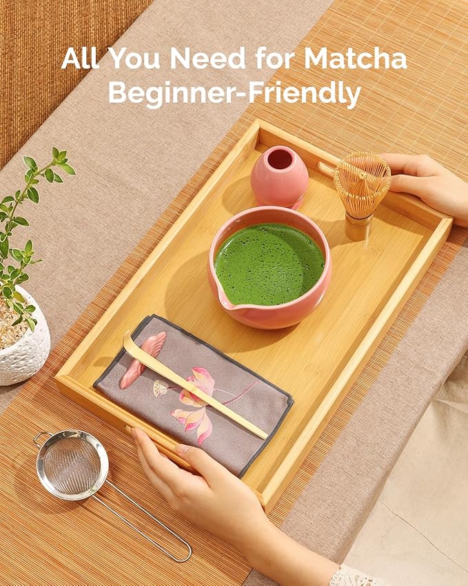 Maestri House Pink Matcha Whisk Set, 7-Pc Complete Matcha Kit with Spouted Ceramic Bowl, Bamboo Whisk and Holder, Scoop, Spoon Rest & Sifter, Tea Cloth – Ideal Gift for Matcha Lovers (Pink) - Image 7