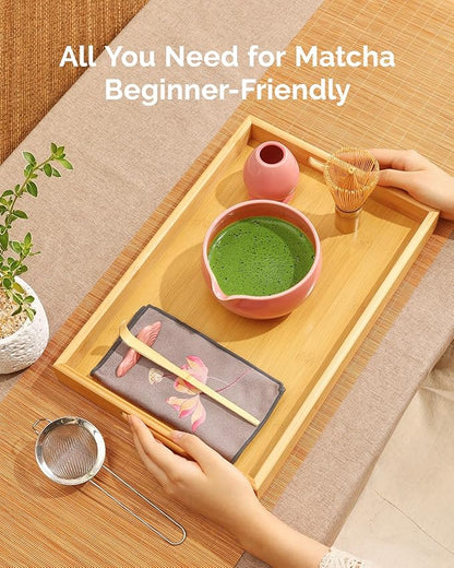 Maestri House Pink Matcha Whisk Set, 7-Pc Complete Matcha Kit with Spouted Ceramic Bowl, Bamboo Whisk and Holder, Scoop, Spoon Rest & Sifter, Tea Cloth – Ideal Gift for Matcha Lovers (Pink) - Image 7