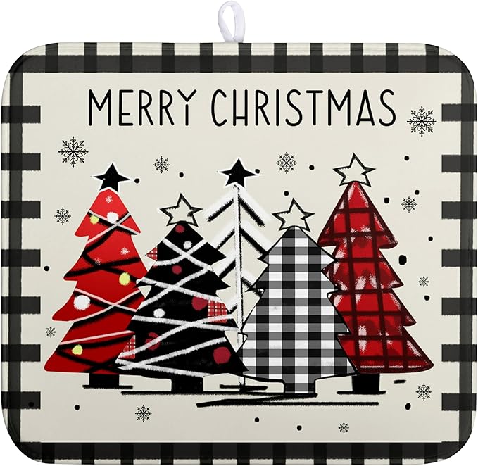 Merry Christmas Dish Drying Mats for Kitchen Counter 16x18 Buffalo Plaid Christmas Tree Microfiber Absorbent Drying Mat Seasonal Winter Holiday Drying Pad Dish Drainer Mat for Coffee Bar Sinks by Kwlegh
