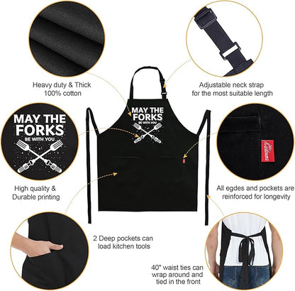 Kaidouma Funny Grill Aprons for Men - May The Forks Be With You - Men’s Funny Chef Cooking Grilling BBQ Aprons with 2 Pockets - Birthday Father’s Day Christmas Gifts for Dad, Husband, Movie Fans
