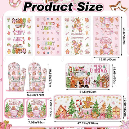 Fanfanwin 10 Pcs Winter Oven Mitts Pot Holders Kitchen Rug and Towel Set Absorbent Towels for Baking Cooking BBQ Gifts Kitchen Decor(Pink,Gingerbread Man)