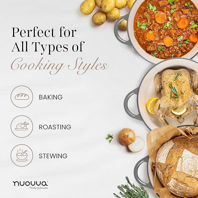 Nuovva Enamelled Cast Iron Dutch Oven Pot with Lid – 6.4 Quart Non Stick Casserole Pot – Heavy Duty & Oven Safe up to 500° F for Bread Baking, Braising, Stews, Roasting – 28cm Grey - Image 9
